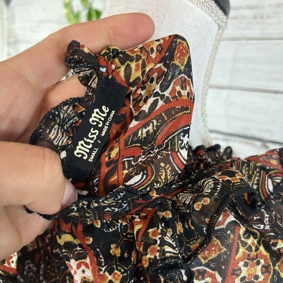 Miss Me Blouse Tunic size Small Black Brown Retro Sheer Ruffles Boho Peasant - Picture 13 of 13